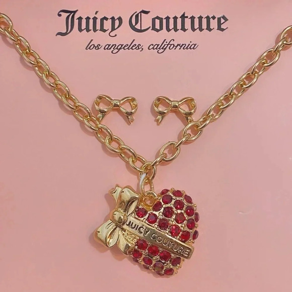 Juicy Couture Gold-Tone Ruby Red Rhinestone Heart Charm Necklace & Bow Earrings - Picture 1 of 7
